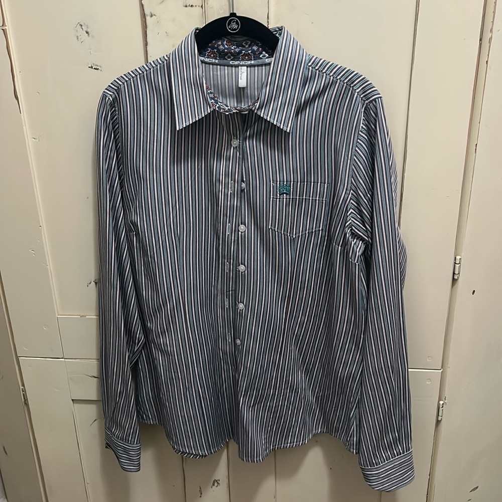 Large pinstripe cinch button-down